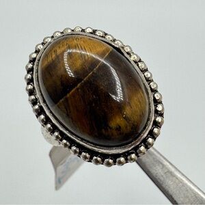 New Tiger’s Eye Cabochon Silver Tone Statement Ring Size 6